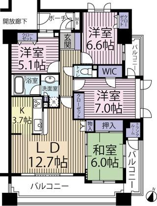 Floor plan. 4LDK, Price 19,800,000 yen, Occupied area 90.81 sq m , Good Floor balcony area 22.62 sq m door to door with storage usability!