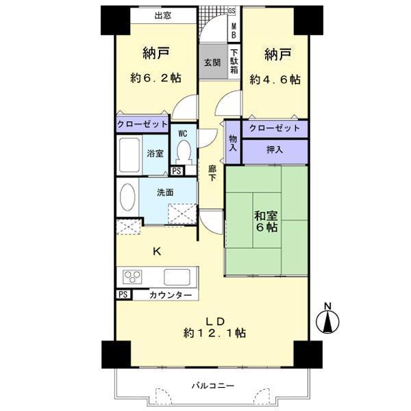 Floor plan. 1LDK + 2S (storeroom), Price 13.7 million yen, Occupied area 74.32 sq m , Balcony area 7.94 sq m