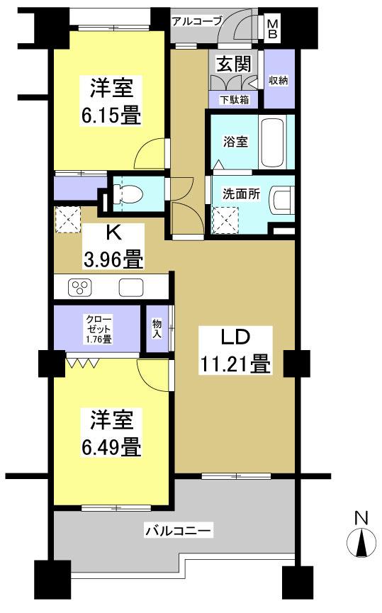Floor plan. 2LDK, Price 14.9 million yen, Occupied area 66.97 sq m , Balcony area 15.05 sq m