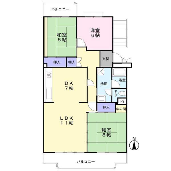 Floor plan. 3LDK, Price 8 million yen, Occupied area 89.66 sq m , Balcony area 13.48 sq m