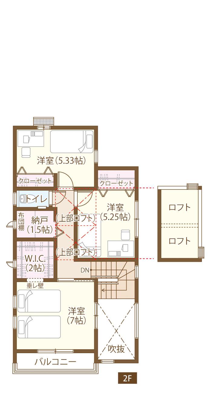Floor plan. 34,500,000 yen, 3LDK + S (storeroom), Land area 157 sq m , Building area 98.56 sq m 2 floor Floor. Equipped with each of the private room. Storage and closet is also enhanced. Loft is designed with a playful that can be used from both Western-style. 