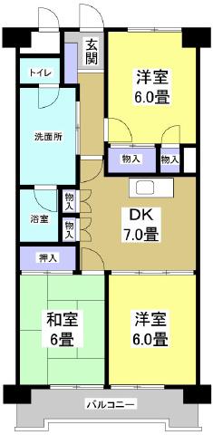 Floor plan. 3DK, Price 4.98 million yen, Occupied area 57.91 sq m , Balcony area 6.9 sq m