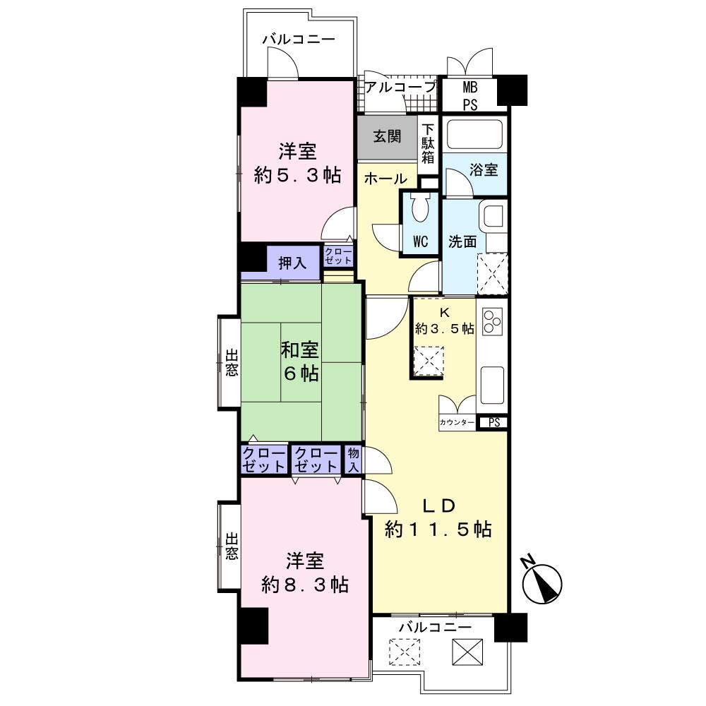 Floor plan. 3LDK, Price 9 million yen, Occupied area 75.24 sq m , Balcony area 8.63 sq m