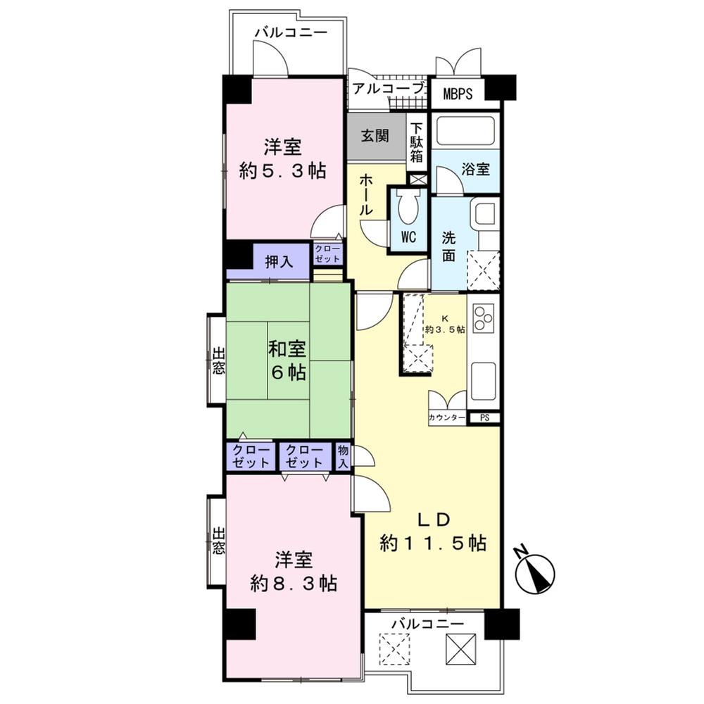 Floor plan. 3LDK, Price 9.2 million yen, Occupied area 75.24 sq m , Balcony area 8.63 sq m
