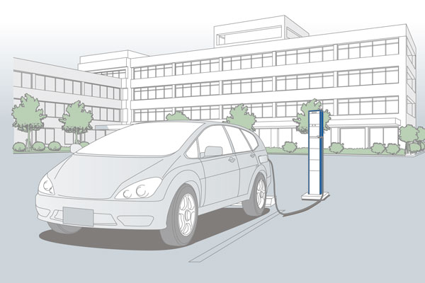 Common utility.  [Charging stations for electric vehicles] Charging stand that corresponds to the electric vehicles and plug-in hybrid vehicles, Have been installed two in the parking lot (use fee undecided) (image illustration)