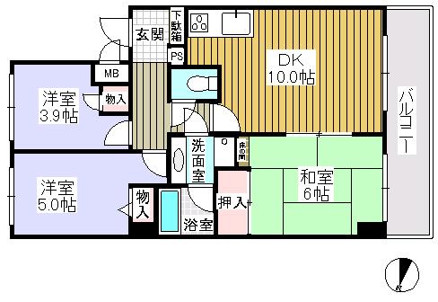 Floor plan. 3DK, Price 5.9 million yen, Occupied area 56.72 sq m , Balcony area 8.4 sq m