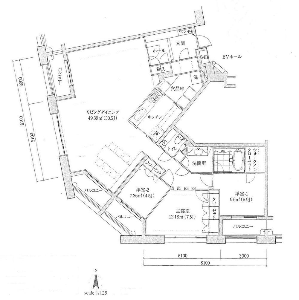 Floor plan. 3LDK, Price 59,800,000 yen, The area occupied 114.8 sq m , Balcony area 15.58 sq m
