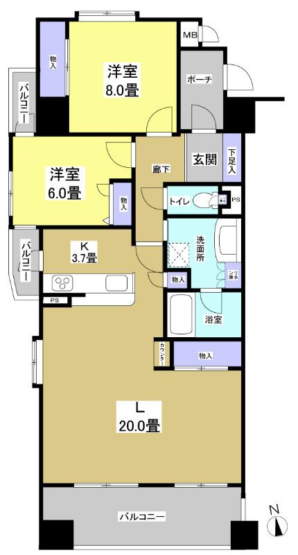 Floor plan. 2LDK, Price 23.5 million yen, Occupied area 87.26 sq m , Balcony area 14.45 sq m