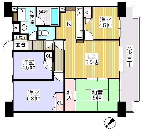 Floor plan. 4LDK, Price 15.8 million yen, Occupied area 70.63 sq m , Balcony area 14.34 sq m