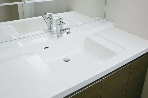 Bathing-wash room.  [Artificial marble bowl-integrated top board] By eliminating the seams of the bowl, It is difficult to have artificial marble basin counter attached to the dirt (same specifications)
