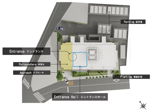 Features of the building.  [Land Plan] Parking, Ensure all premises minute on site. The parking lot gate, Adopting the chain gate of the remote-control to prevent the car from entering from the outside. Also, Also provided bike yard and indoor bicycle parking on site (site layout)