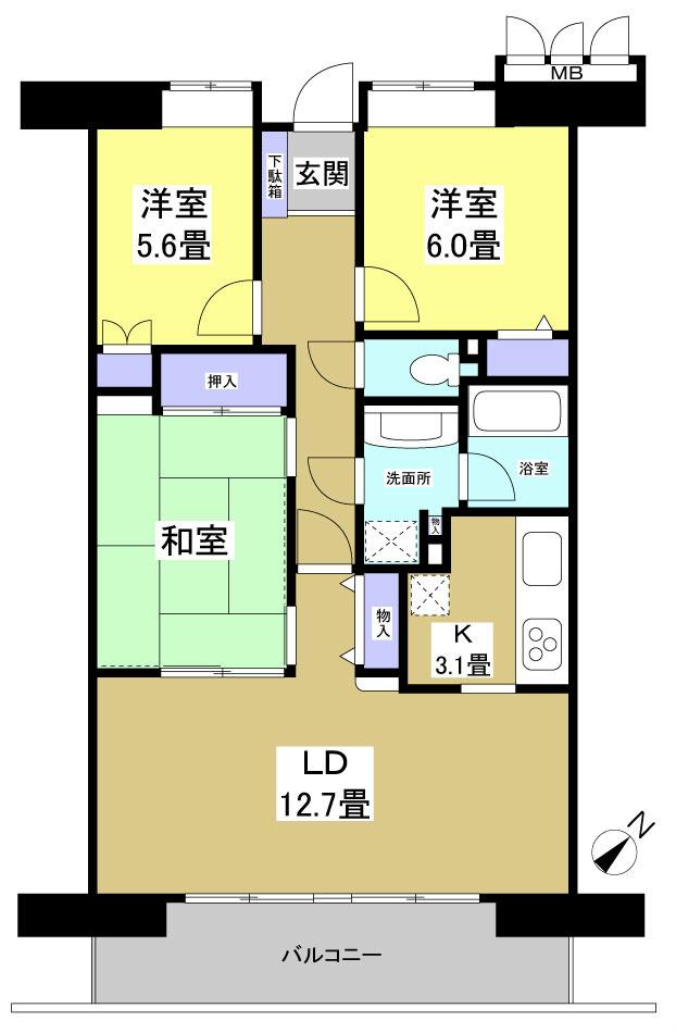 Floor plan. 3LDK, Price 11.4 million yen, Occupied area 72.67 sq m