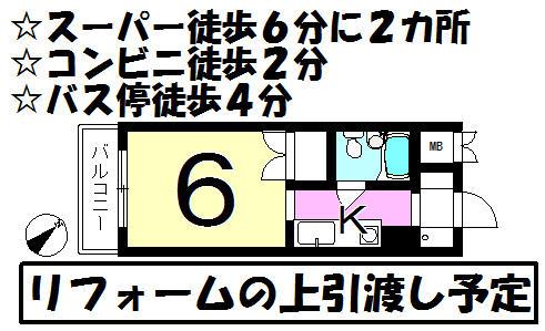 Floor plan. 1K, Price 1.1 million yen, Occupied area 17.24 sq m , Balcony area 2.43 sq m