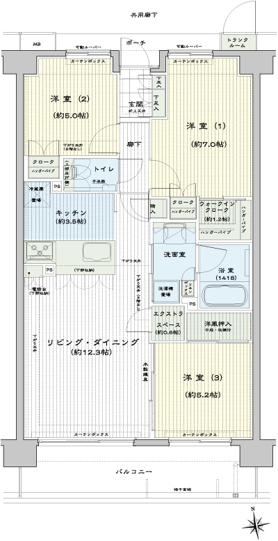 Floor: 3LDK + WIC + TR + extra space, occupied area: 73.09 sq m, Price: 29,300,000 yen ~ 32,100,000 yen