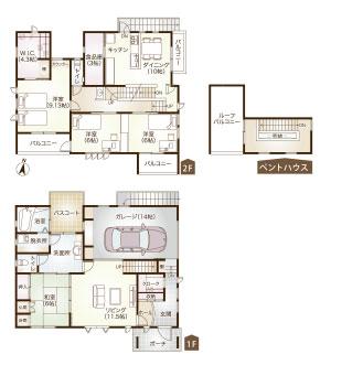 Floor plan. 49,500,000 yen, 3LDK + S (storeroom), Land area 265.66 sq m , Building area 173.08 sq m built-in garage and a rooftop balcony distinctive floor plan. 