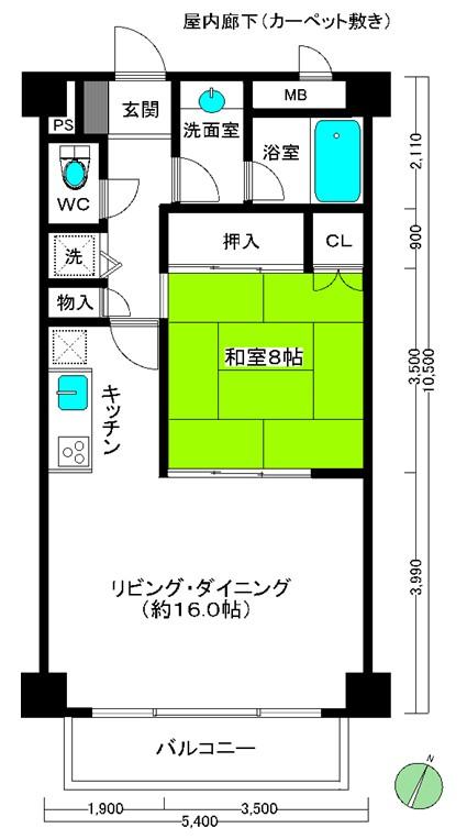 Floor plan. 1LDK, Price 8.8 million yen, Footprint 56.7 sq m , Balcony area 6.24 sq m