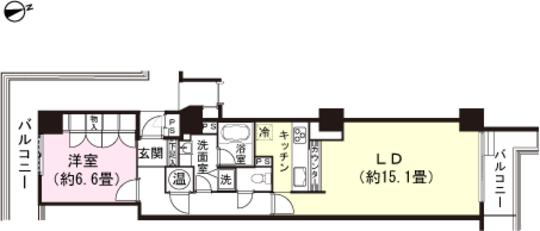 Floor plan. 1LDK, Price 3.9 million yen, Occupied area 62.43 sq m , Balcony area 6.4 sq m