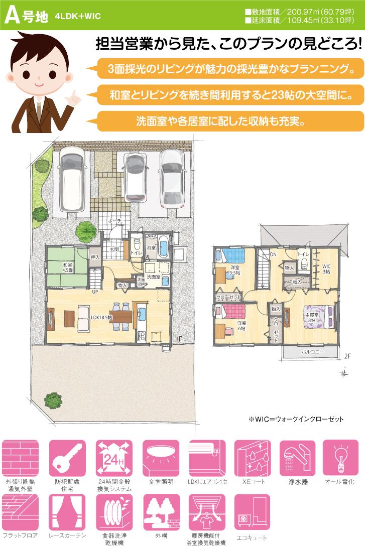 Floor plan.  [A No. land] So we have drawn on the basis of the Plan view] drawings, Plan and the outer structure ・ Planting, such as might actually differ slightly from.  Also, furniture ・ Car, etc. are not included in the price. 