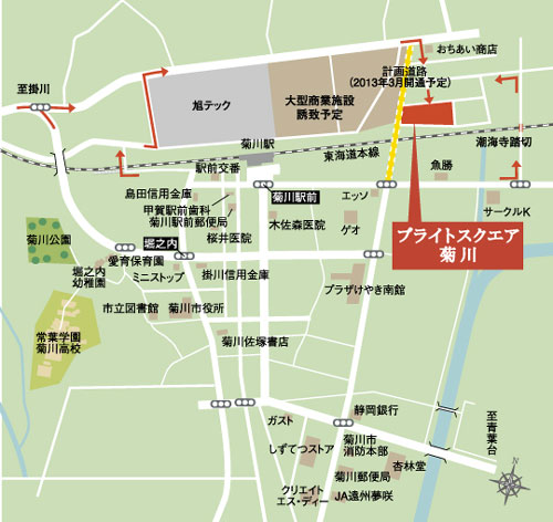 Local guide map. JR "Kikugawa" station (1070m), Kikukawa nursery school (790m), Central kindergarten (700m) is within walking distance. ShizuTetsu store car about 4 minutes (2140m). Local guide map