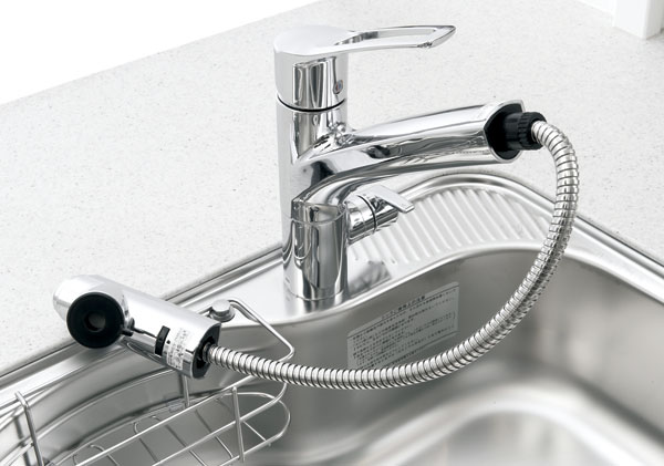 Kitchen.  [Single lever mixing faucet with hand shower] Switching of the water flow is mixing faucet that can be in one hand (the same specification)