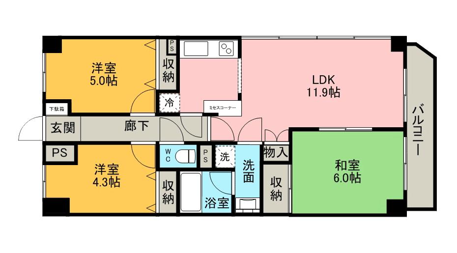 Floor plan. 3LDK, Price 8.96 million yen, Occupied area 59.89 sq m , Balcony area 6.16 sq m