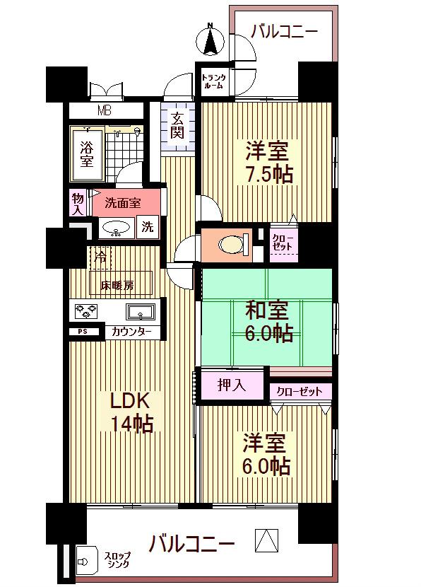 Floor plan. 3LDK, Price 19,800,000 yen, Occupied area 76.18 sq m , Balcony area 20.61 sq m Floor