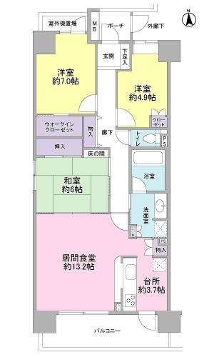 Floor plan. 3LDK, Price 19.5 million yen, Occupied area 83.44 sq m , Balcony area 10.98 sq m