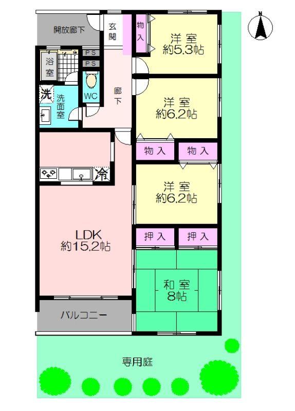 Floor plan. 4LDK, Price 14.8 million yen, Occupied area 99.45 sq m , And in between the balcony area 6.6 sq m