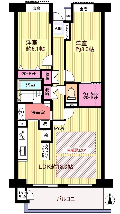 Floor plan. 2LDK, Price 21,800,000 yen, Footprint 73.8 sq m , Balcony area 9.34 sq m Floor