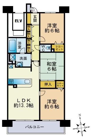 Floor plan. 3LDK, Price 16.8 million yen, Occupied area 65.59 sq m , Balcony area 12.6 sq m