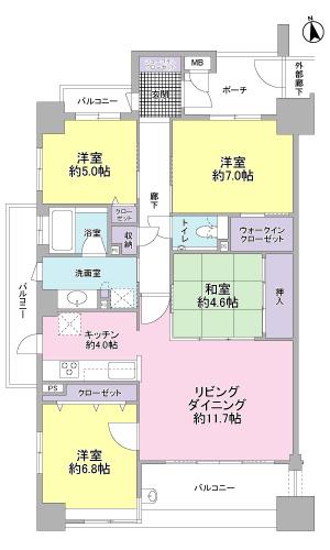 Floor plan. 4LDK, Price 35,800,000 yen, Occupied area 90.38 sq m , Full balcony area 18.05 sq m bright and airy, Southwest angle dwelling unit!