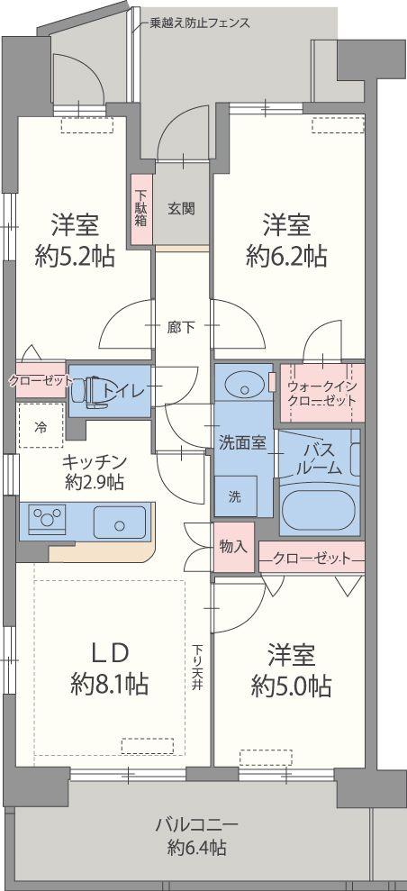 Floor plan. 3LDK, Price 22 million yen, Occupied area 57.19 sq m , Balcony area 10.44 sq m