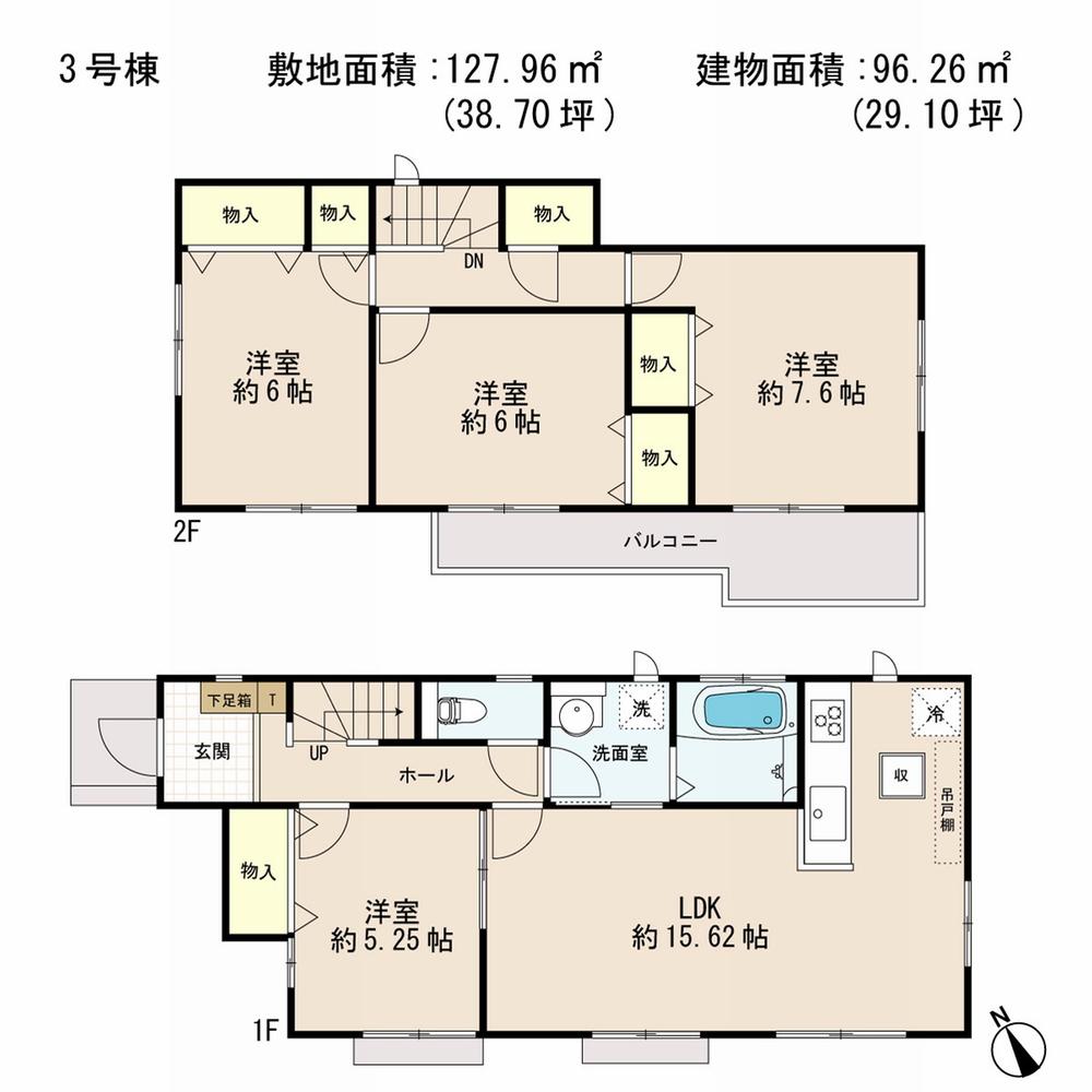 Floor plan. (3 Building), Price 24,800,000 yen, 4LDK, Land area 127.96 sq m , Building area 96.26 sq m