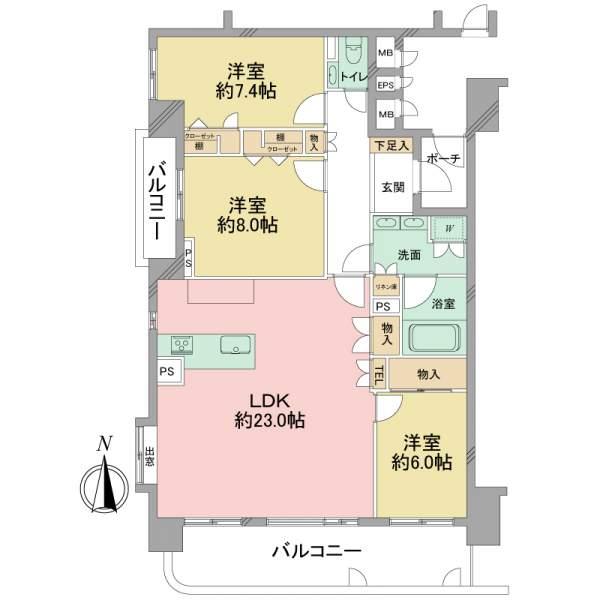 Floor plan. 3LDK, Price 33,400,000 yen, Footprint 101.41 sq m , Balcony area 18.53 sq m