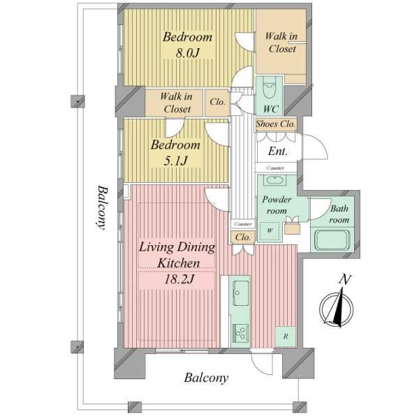 Floor plan. 2LDK, Price 41,200,000 yen, Occupied area 76.97 sq m , Balcony area 30.63 sq m