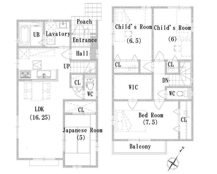 Compartment view + building plan example. Building plan example (No. 6 locations) 4LDK, Land price 17.1 million yen, Land area 103.86 sq m , Building price 18.3 million yen, Building area 101.04 sq m