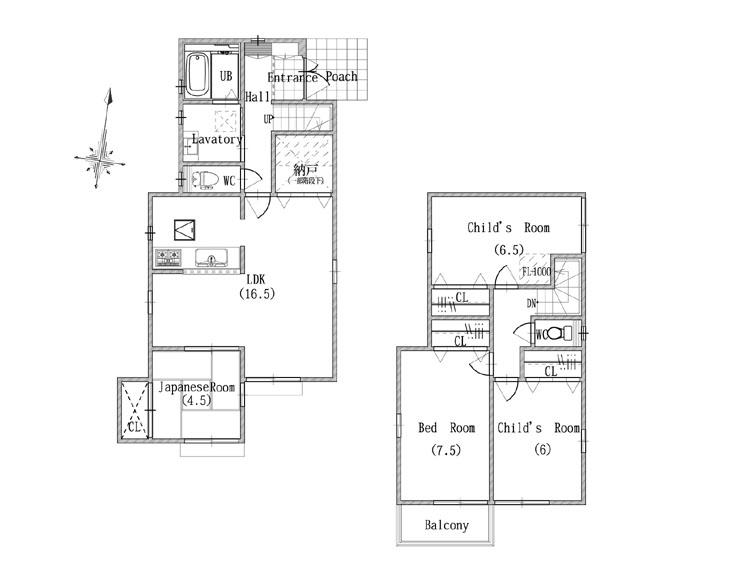 Compartment view + building plan example. Building plan example (No. 1 place) 4LDK, Land price 14.9 million yen, Land area 143.11 sq m , Building price 18.2 million yen, Building area 101.04 sq m