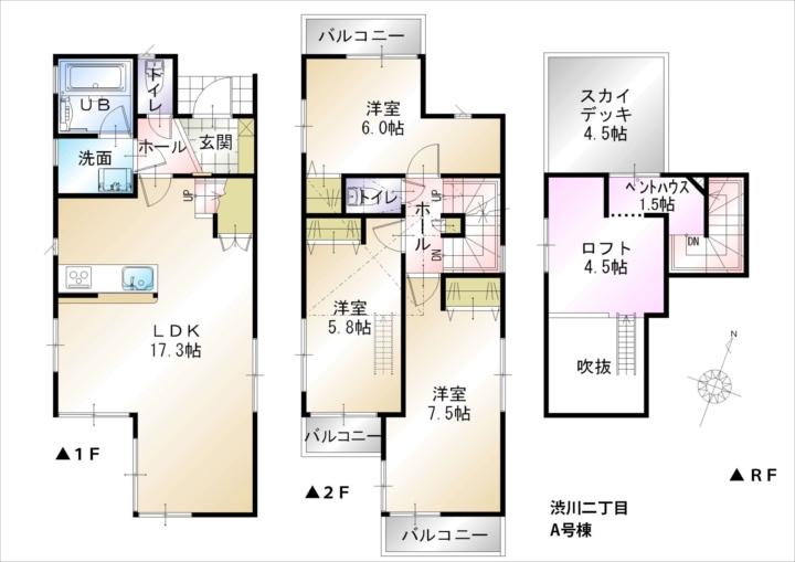 Floor plan. (A Building), Price 27,800,000 yen, 3LDK, Land area 105.04 sq m , Building area 87.25 sq m