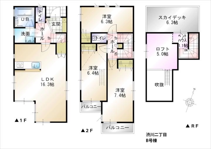 Floor plan. (B Building), Price 27,800,000 yen, 3LDK, Land area 105.07 sq m , Building area 87.35 sq m