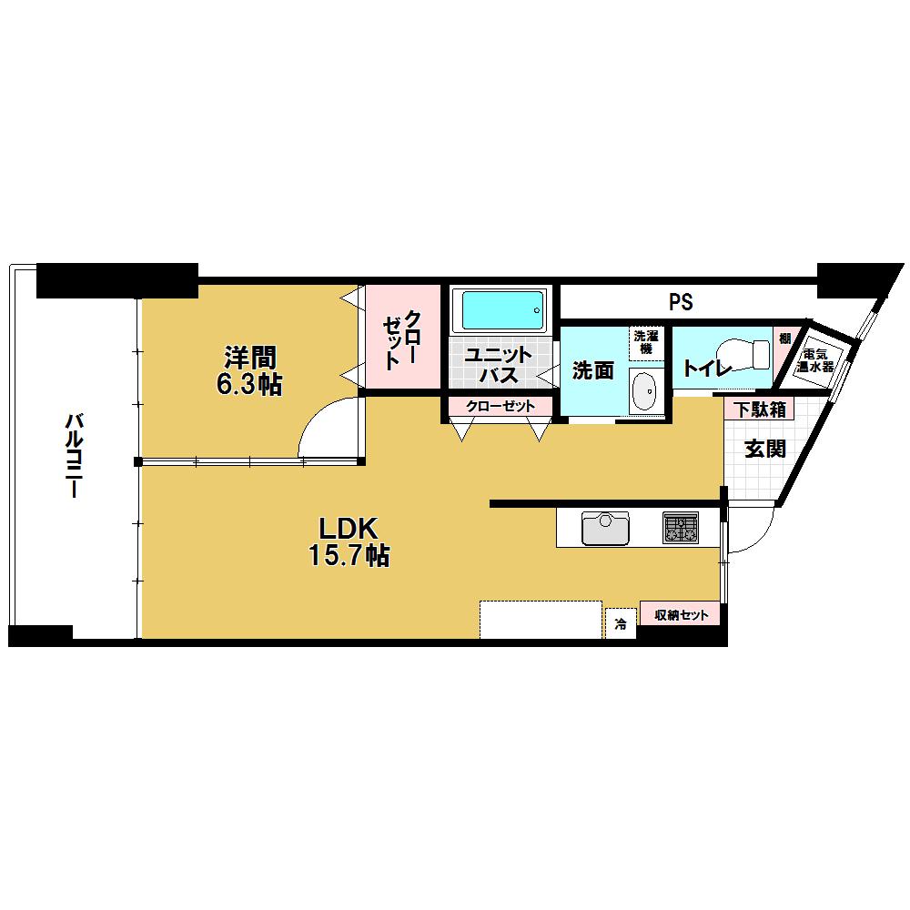 Floor plan. 1LDK, Price 7.98 million yen, Occupied area 62.35 sq m , Balcony area 12.42 sq m