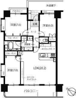 Floor plan. 3LDK, Price 30,950,000 yen, Occupied area 87.02 sq m , Balcony area 17.59 sq m