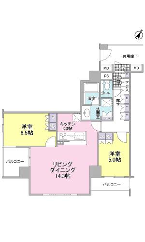 Floor plan. 2LDK, Price 25 million yen, Occupied area 64.66 sq m , Balcony area 7.95 sq m