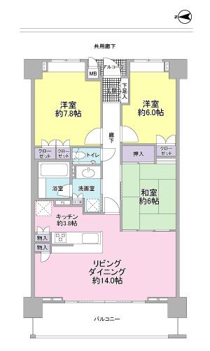 Floor plan. 3LDK, Price 28 million yen, Footprint 82.1 sq m , Balcony area 12.24 sq m 3LDK with a room of all room 6 quires more than