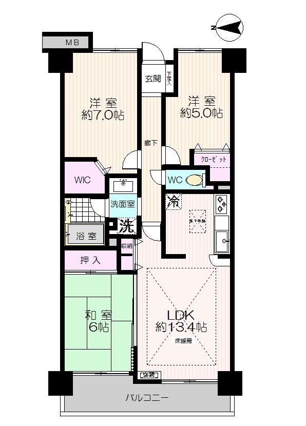 Floor plan. 3LDK, Price 13,900,000 yen, Occupied area 69.93 sq m , Balcony area 7.98 sq m between Dolly