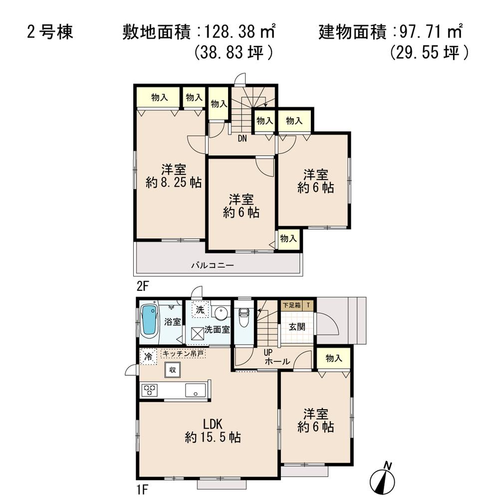 Floor plan. (Building 2), Price 21,800,000 yen, 4LDK, Land area 128.38 sq m , Building area 97.71 sq m