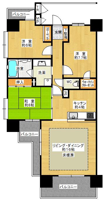 Floor plan. 3LDK, Price 20.8 million yen, Occupied area 80.54 sq m , Or balcony area 17.48 sq m living was with floor heating.