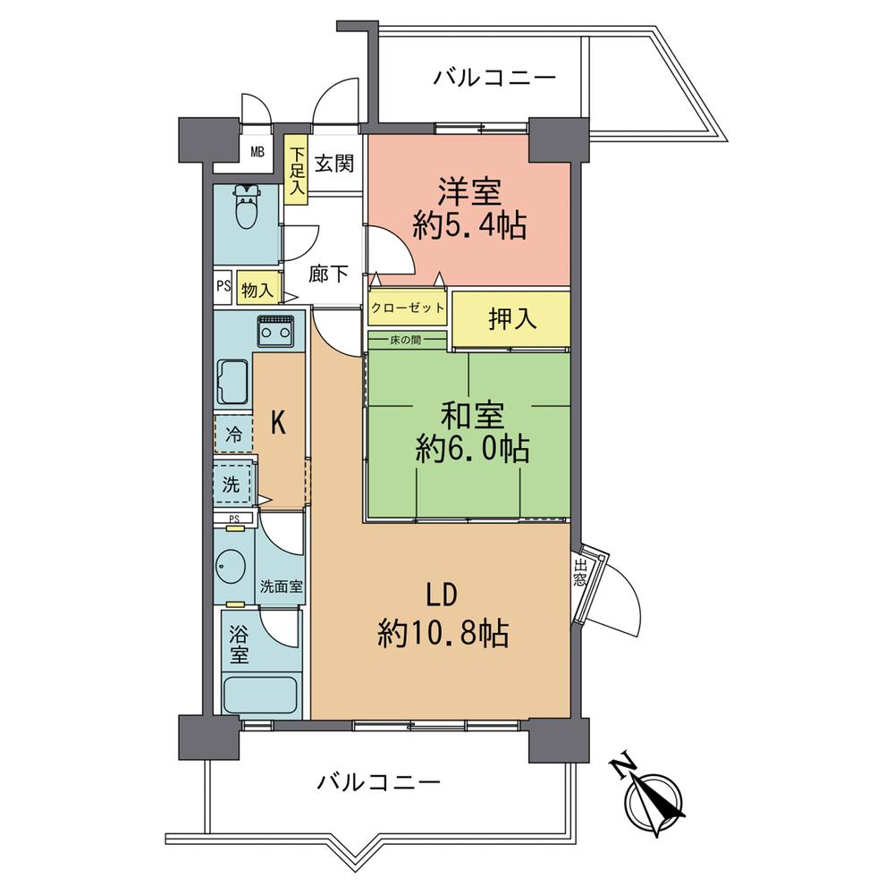 Floor plan. 2LDK, Price 12 million yen, Occupied area 56.52 sq m , Balcony area 15.39 sq m