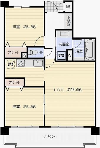 Floor plan. 2LDK, Price 14.8 million yen, Occupied area 64.29 sq m , Balcony area 12.46 sq m