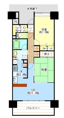 Floor plan. 2LDK, Price 16.8 million yen, Occupied area 65.02 sq m , Balcony area 11.6 sq m 2LDK