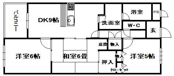 Floor plan. 3DK, Price 6.8 million yen, Occupied area 59.54 sq m , Balcony area 5 sq m
